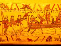 Bayeux Tapestry: Harold sets off with no shoes  Constructed around 1077 to commemorate the story of William the Conqueror taking of England, including the 1066 Battle of Hastings.  It is 224 feet long.